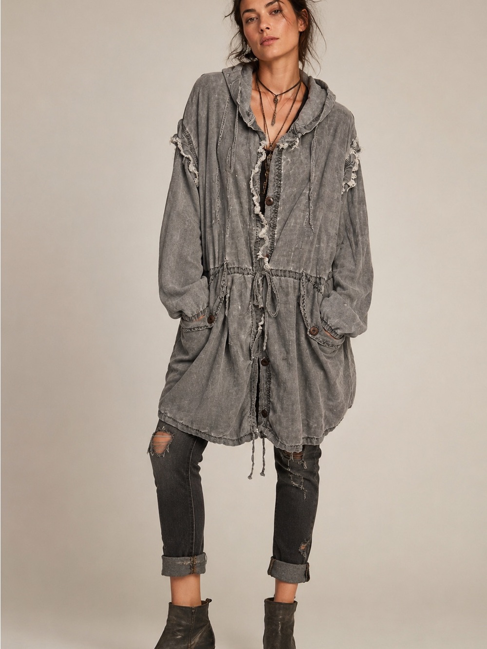 NSF Oversized Distressed Hooded Cardigan Jacket Washed Gray Boho Lagenlook